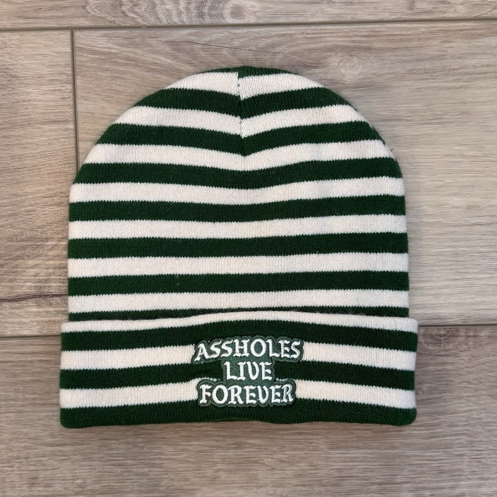 A**holes Live Forever Green Striped Beanie Skater Grunge Embroidered One Size